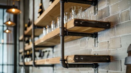 A close-up on sophisticated hanging shelf racks in a tap room, blending luxurious design with functional, inspired shelving ideas