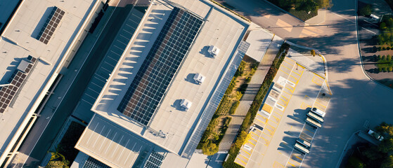 Aerial drone shot, data center on sunny day, bright, sunny, natural light. Technology centre

