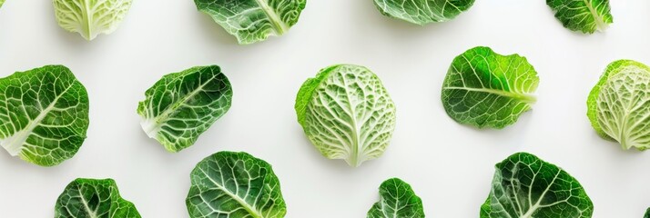Pattern created with fresh cabbage leaves against a clean white background