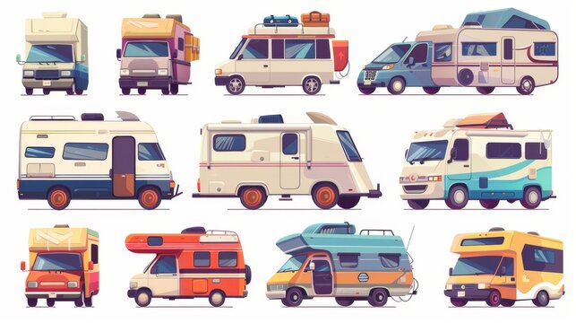 Cartoon modern set of caravan car and motorhome for summer recreational vacation. Vintage RV trailer vehicle for trip. Vehicle with baggage on top and open door for family travel concept.