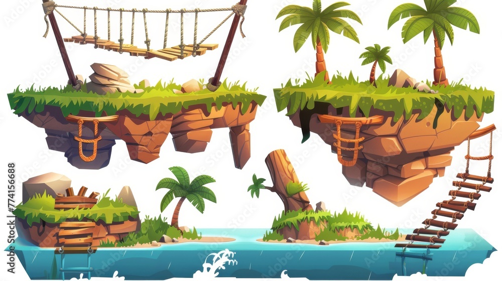 Aufkleber game level map ui design asset kit - floating ground platform with green grass and stones, suspensio