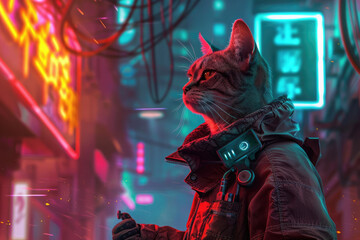 A cat detective in a cyberpunk city using high-tech gadgets to track digital footprints solving cybercrimes under neon lights - obrazy, fototapety, plakaty