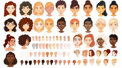 Isolated modern cartoon illustration of female character avatar design elements, head, hairstyles, color eyes, eyebrows, smiling and sad lips.