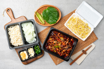 Korean food, webfoot octopus, stir-fry, pork belly, rice, lunch box, shrimp, bean sprout soup,...