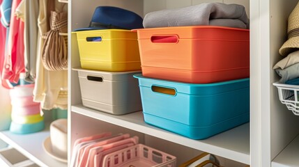 A close-up of a beautifully organized closet shelf, showcasing inspired ideas with colorful organizer bins for a tidy and stylish space