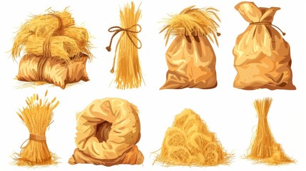 Modern cartoon illustration of straw bale, pile of hay, dry grass packed in rope tied sack, rural barn design element, farm animal fodder, harvest season. - obrazy, fototapety, plakaty