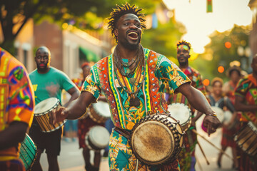 Jubilant drummer in vibrant attire celebrates Juneteenth with a street performance - obrazy, fototapety, plakaty