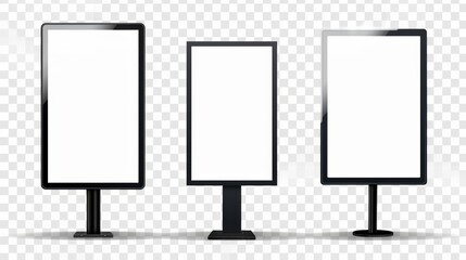 Modern realistic illustration of rectangular wall lightboards, blank white screen in black metal or plastic frame, outdoor advertising mockups. - obrazy, fototapety, plakaty