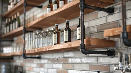 Artistic close-up of custom-designed hanging shelves in a tap room, featuring unique shelf ideas that blend functionality with style - obrazy, fototapety, plakaty