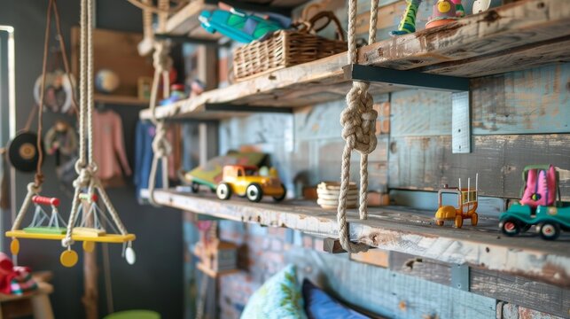 Artistic close-up of a playroom with vintage hanging shelves, displaying an array of inspired shelf ideas for an organized space