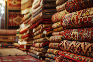 Fototapeta na wymiar Stacked Persian rugs in a variety of patterns