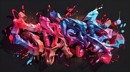Word "TSHIRT" 3D graffiti style, graffiti font, Blue, Red, Gold & Purple color, black background.