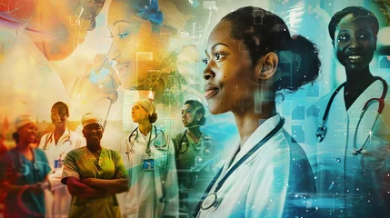 Fotobehang A composite image showing healthcare workers in various settings from hospitals to community centers all united by their commitment to care and help. © Sasint