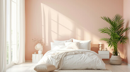 Cozy bedroom interior with pink walls, white bed and a potted plant in the corner