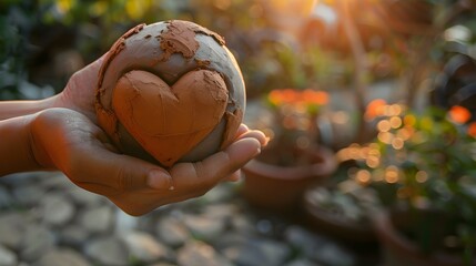 Artisan Clay Model of Hand Embracing the Earth with Heart-Shaped Carving,Depicting Care and Sustainable Practices for Planet