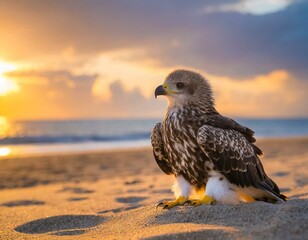 águia bonito do bebê sentado na praia de areia ao pôr do sol - obrazy, fototapety, plakaty