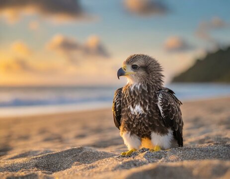águia bonito do bebê sentado na praia de areia ao pôr do sol