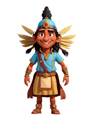 A cartoon Indian character wearing a blue shirt and a blue hat with feathers on it. Transparent background