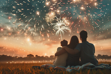 A young family sitting on a blanket and watching fireworks at sunset over an open field. - Powered by Adobe