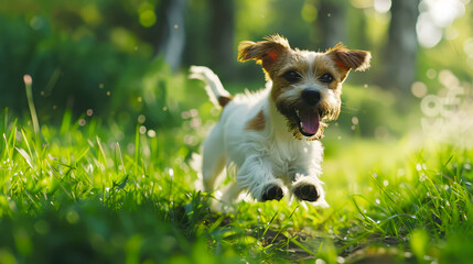 dog runs on green grass lawn	