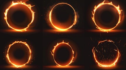 The orange glowing ring is a fire circle portal with flames and sparkles loading progress steps. Illustration set of different process stages of orange bright neon glowing ring appearance. - obrazy, fototapety, plakaty