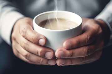 Round-Cropped Close-Up of Person Holding Coffee Cup - obrazy, fototapety, plakaty