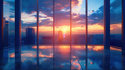 Spacious office or living space with large windows offering a stunning view of the sunset over city skyscrapers