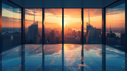 Contemporary design space with an expansive view of the sunset and city skyline from high-rise building