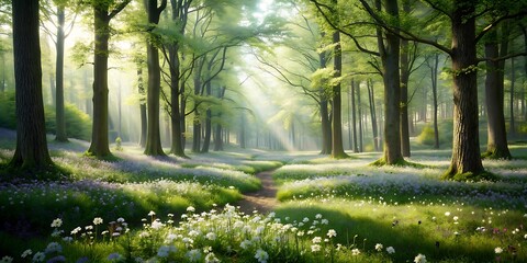 Enchanted Springtime: Sunlit Woodland Glade with Blossoming Flowers