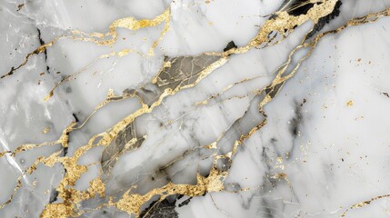Detailed view of a luxurious white marble slab with elegant gold veining