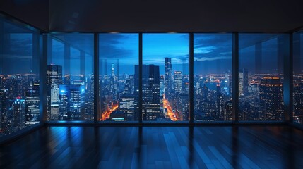 A serene blue twilight sets over a sprawling metropolitan area, visible through the expansive windows of an indoor vantage point - obrazy, fototapety, plakaty