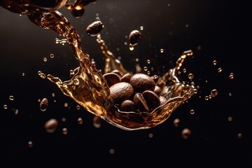 Splash of Water with Coffee Beans on Black Background - Close-up 
