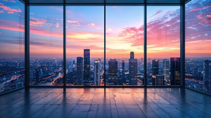 An expansive view from a modern space encapsulating an urban sprawl under a soft pink sky, reflecting a serene end-of-day moment