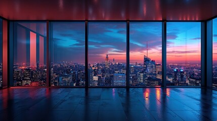Stunning panoramic sunset view over a cityscape, framed by the warm hues of a red-tinted glass building