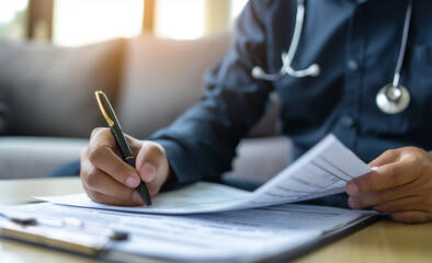 Close up of doctor's hands holding a pen and writing a medical report on paper, wearing a stethoscope in an office room with a blurred background.