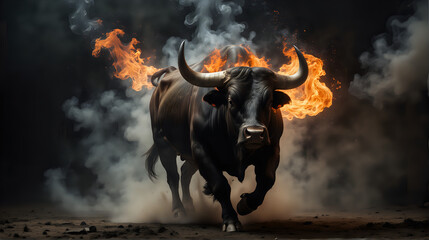 A formidable bull with horns ablaze in flames charges forward, surrounded by smoke and embers, creating a powerful and intense scene - obrazy, fototapety, plakaty