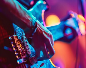 Capture the essence of rock with this electrifying stock photo: a close-up of an electric guitar, fingers effortlessly gliding over frets, illuminated by vibrant stage lights.