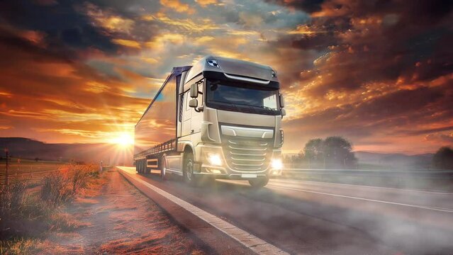 Container truck on the road at sunset. Transportation and logistics concept. 3d render looping video