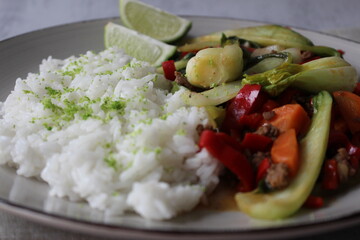 Harmonious Fusion: Jasmine Rice with Pak Choi, Ground Meat, Bell Peppers, and Carrots in Savory...