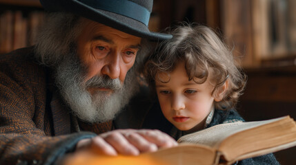 Elderly Jewish Man with Beard and Young Boy Studying the Torah Together