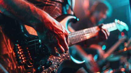 Intense moment frozen in time as the guitarist's fingers skillfully maneuver on the fretboard, capturing the essence of a live rock show. - obrazy, fototapety, plakaty