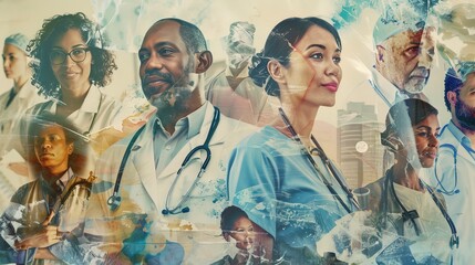 A composite image showing healthcare workers in various settings from hospitals to community centers all united by their commitment to care and help. 