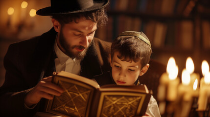 Jewish Father and Son Studying Holy Scriptures by Candlelight