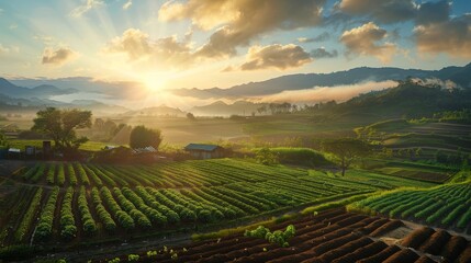 Gentle sunrise over a sustainable farm, highlighting organic farming practices and a connection to...
