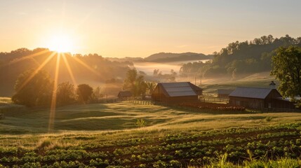 Soothing dawn illuminates a thriving organic farm, emphasizing sustainable methods and a...
