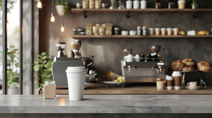 coffee shop counter with blank coffee cup mockup for hot beverages - obrazy, fototapety, plakaty