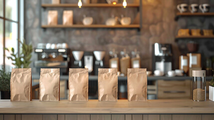 Coffee shop display with blank coffee bag mockup for whole bean coffee in the cafe background