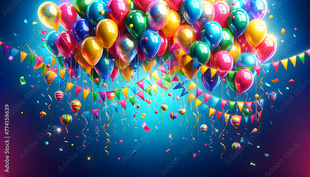 Poster illustrate a lively and colorful party scene on a deep blue background. the image should be filled w
