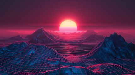 Realistic modern illustration of new retro wave backdrop in 80s style with a grid mountain and neon pink sunset. Abstract wireframe geometric hills landscape.