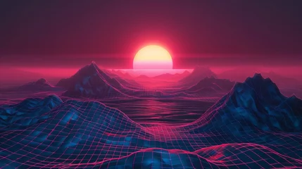 Poster Realistic modern illustration of new retro wave backdrop in 80s style with a grid mountain and neon pink sunset. Abstract wireframe geometric hills landscape. © Mark